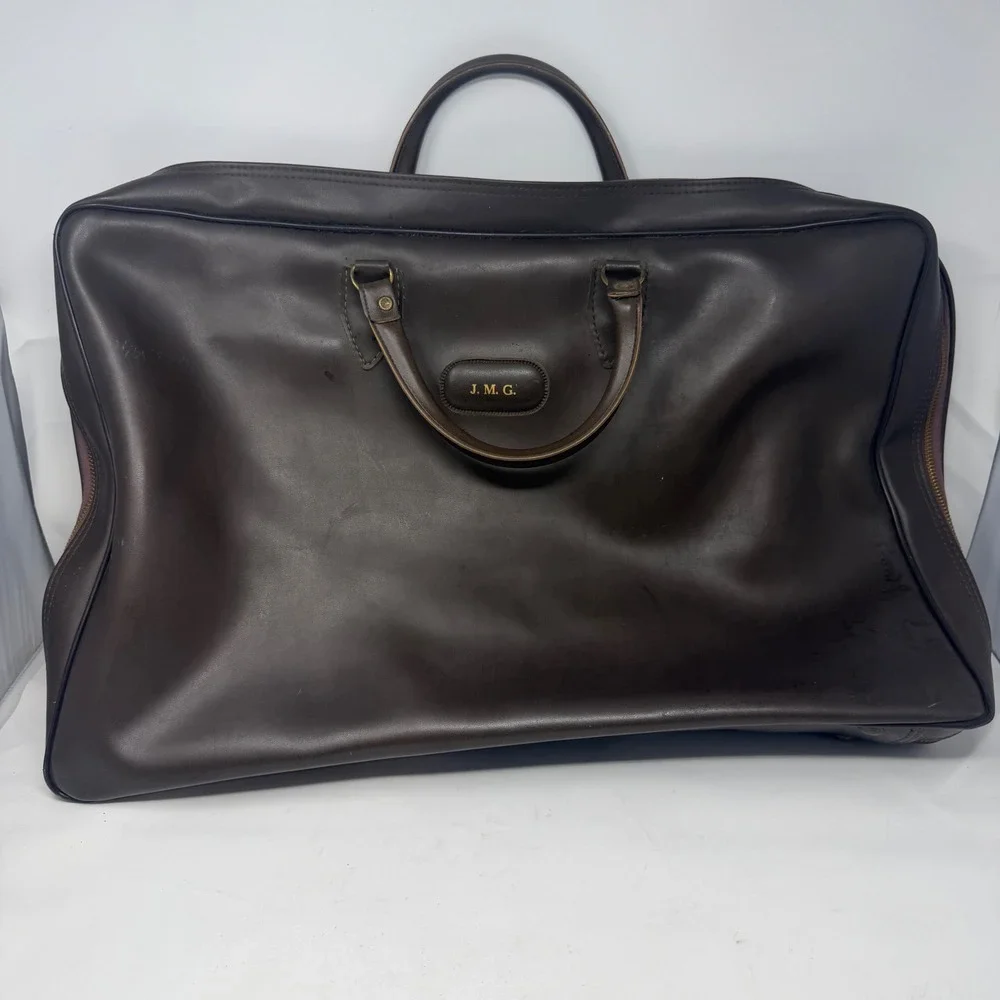 Vintage Brown Leather Garment Bag Suit Carrier Travel Luggage Monogram JMG